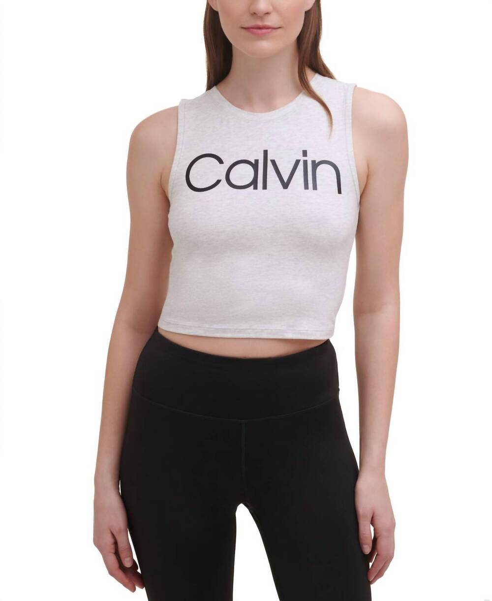 NEW CALVIN KLEIN performance cropped logo top in optic heather